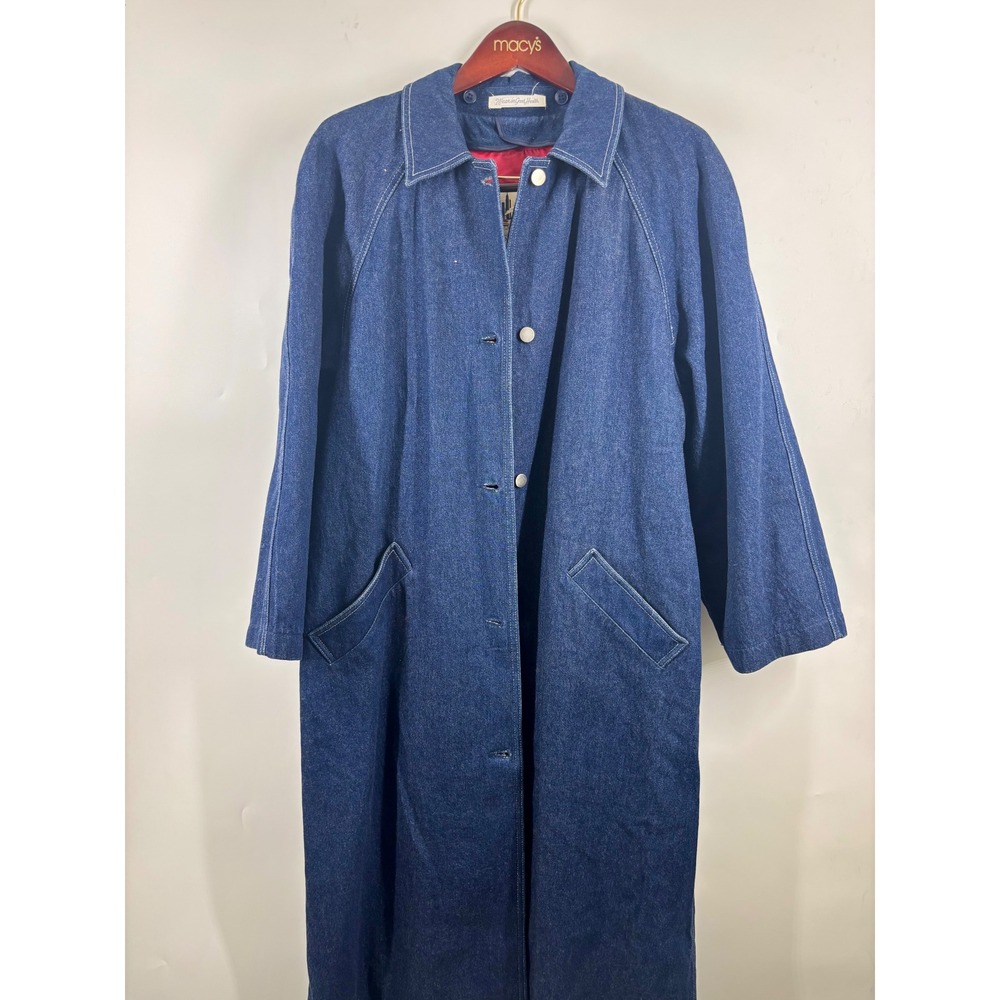 Vintage Misty Harbor Denim Trench Coat Blue Red Wool Lined Duster Jacket 12